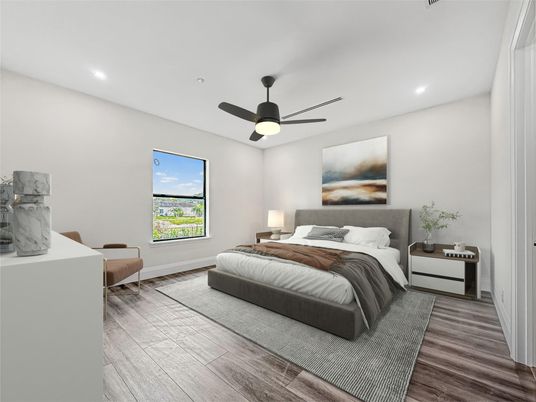 Bedroom, Interior, Recessed Lighting, Wood Texture Flooring
