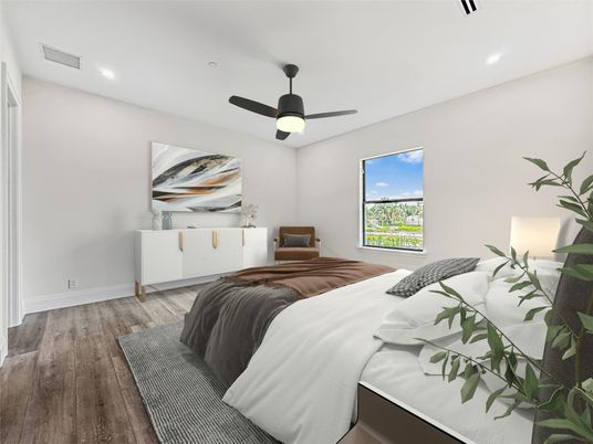 Bedroom, Interior, Recessed Lighting, Wood Texture Flooring