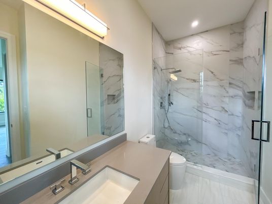 Bathroom, Glass Shower, Interior, Marble, Marble Walls, Recessed Lighting