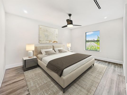 Bedroom, Interior, Recessed Lighting, Wood Texture Flooring