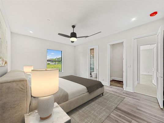 Bedroom, Interior, Recessed Lighting, Wood Texture Flooring