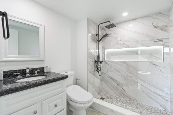 Bathroom, Glass Shower, Interior, Marble Walls, Recessed Lighting