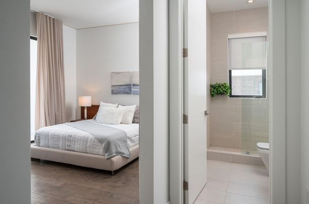 Bathroom, Bedroom, Glass Shower, Interior, Recessed Lighting, Wood Texture Flooring