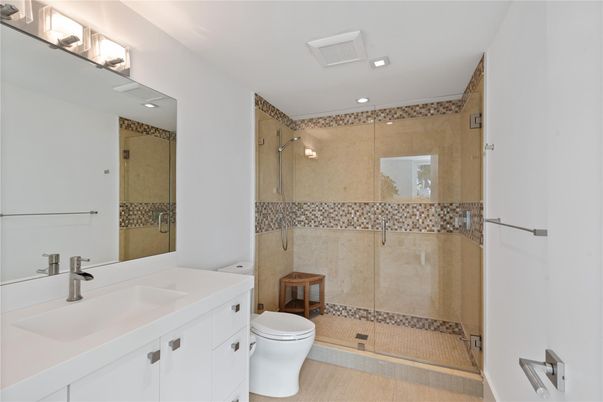 Bathroom, Glass Shower, Interior, Recessed Lighting