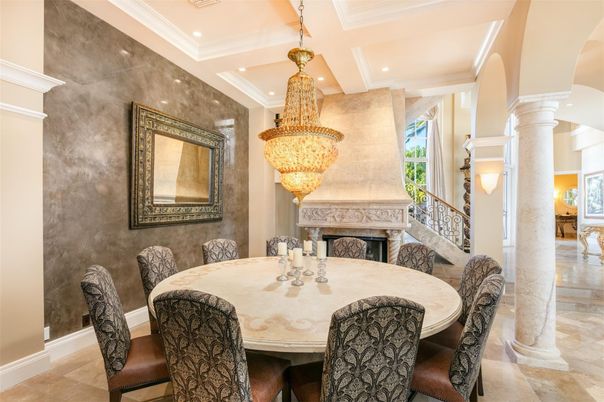 Chandelier, Dining room, Fireplace, Interior, Recessed Lighting