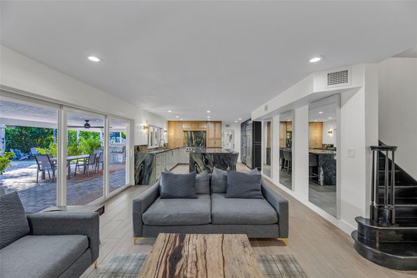 Dining room, Interior, Kitchen, Living room, Recessed Lighting, Wood Texture Flooring