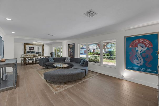 Dining room, Interior, Living room, Recessed Lighting, Wood Texture Flooring
