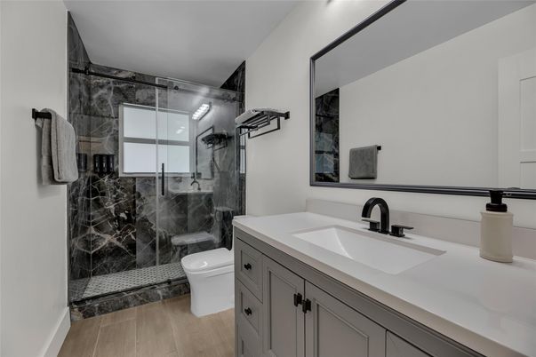 Bathroom, Glass Shower, Interior, Wood Texture Flooring