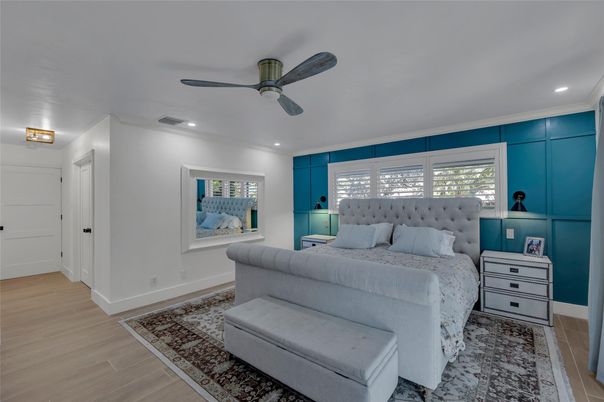 Bedroom, Interior, Recessed Lighting, Wood Texture Flooring