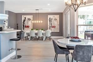 Chandelier, Dining room, Interior, Pendant Lights, Recessed Lighting, Wood Texture Flooring