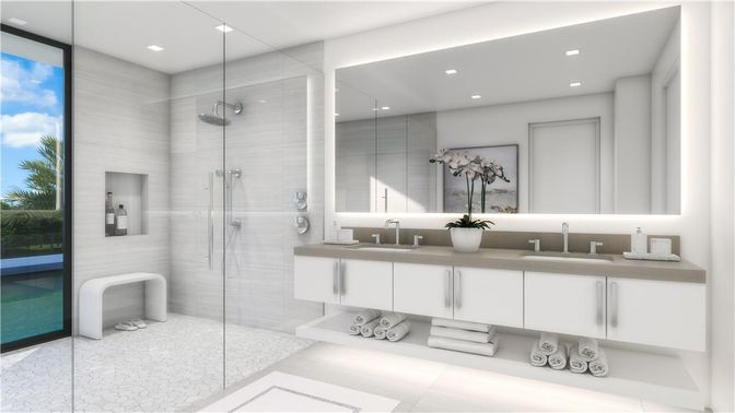 Bathroom, Dual Sink Vanities, Glass Shower, Interior, Recessed Lighting