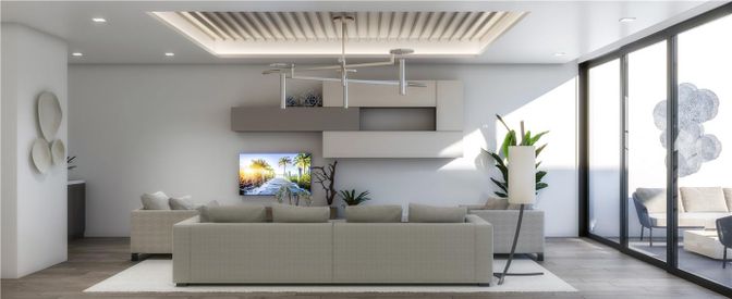 Interior, Living room, Pendant Lights, Recessed Lighting, Wood Texture Flooring