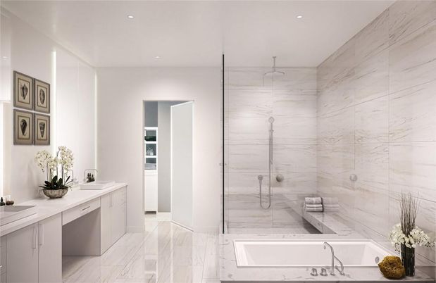 Bathroom, Glass Shower, Interior, Marble, Marble Walls, Recessed Lighting