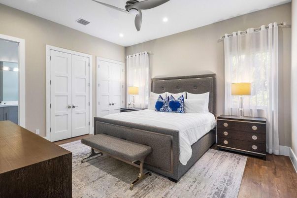 Bedroom, Interior, Recessed Lighting, Wood Texture Flooring