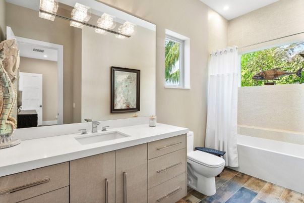 Bathroom, Interior, Recessed Lighting, Wood Texture Flooring