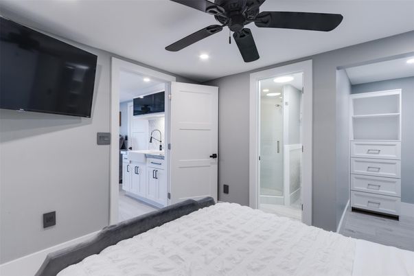 Bathroom, Bedroom, Glass Shower, Interior, Recessed Lighting, Wood Texture Flooring