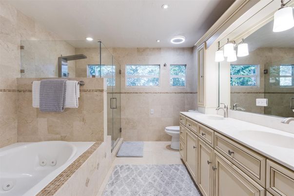 Bathroom, Dual Sink Vanities, Glass Shower, Interior, Recessed Lighting