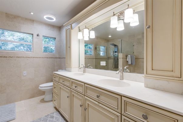 Bathroom, Dual Sink Vanities, Glass Shower, Interior, Recessed Lighting