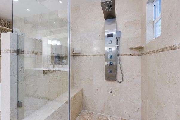 Bathroom, Glass Shower, Interior, Marble Walls, Recessed Lighting