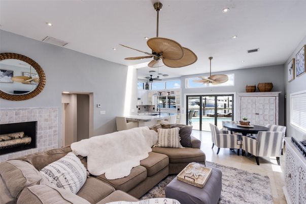 Dining room, Fireplace, Interior, Kitchen, Living room, Pendant Lights, Recessed Lighting
