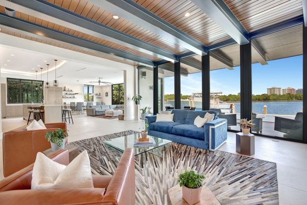Interior, Living room, Pendant Lights, Recessed Lighting, Water, Wooden Ceilings