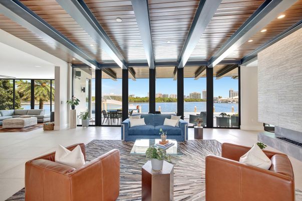 Fireplace, Interior, Living room, Recessed Lighting, Water, Wooden Ceilings