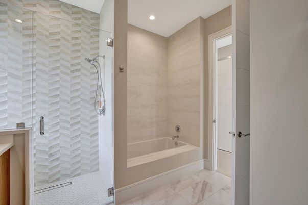 Bathroom, Glass Shower, Interior, Marble, Recessed Lighting