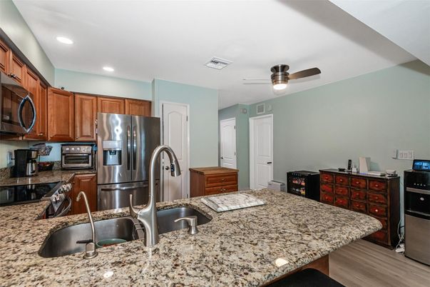 Interior, Kitchen, Recessed Lighting, Stainless Steel Appliances, Wood Texture Flooring