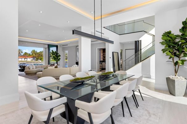 Dining room, Interior, Living room, Pendant Lights, Recessed Lighting, Wood Texture Flooring