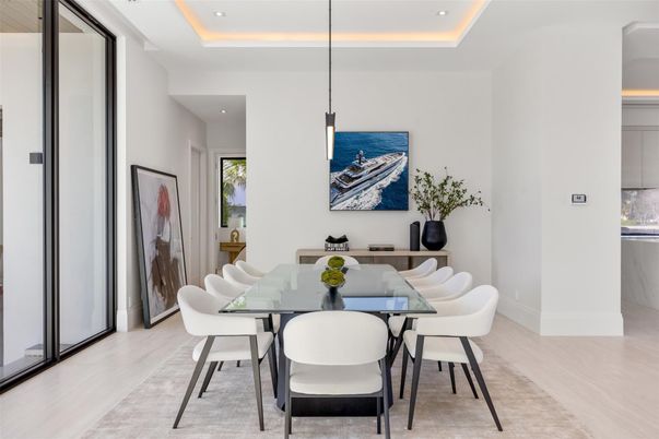 Dining room, Interior, Pendant Lights, Recessed Lighting, Wood Texture Flooring