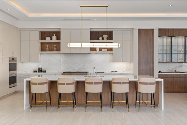 Interior, Kitchen, Marble Walls, Pendant Lights, Recessed Lighting