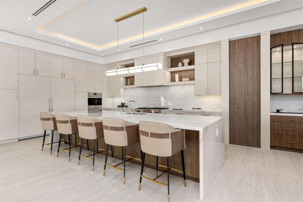 Interior, Kitchen, Marble Walls, Pendant Lights, Recessed Lighting, Stainless Steel Appliances