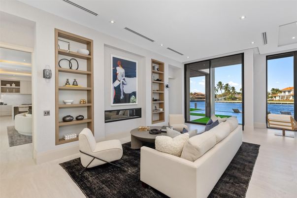 Fireplace, Interior, Living room, Recessed Lighting, Water