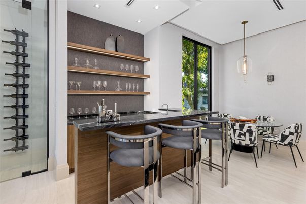 Dining room, Interior, Pendant Lights, Recessed Lighting, Wood Texture Flooring