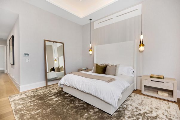 Bedroom, Interior, Pendant Lights, Wood Texture Flooring