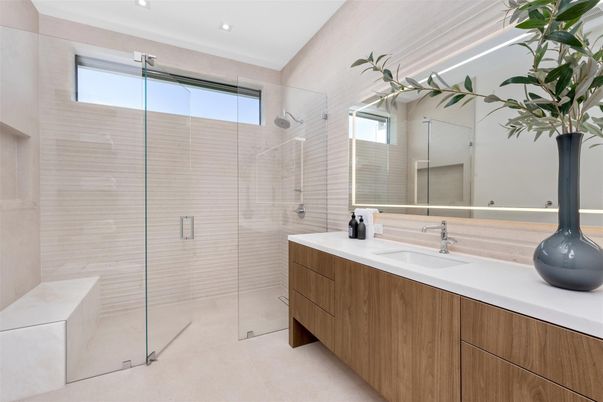 Bathroom, Glass Shower, Interior, Recessed Lighting