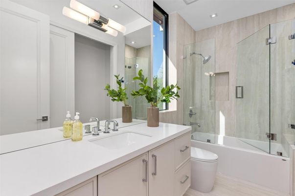 Bathroom, Glass Shower, Interior, Recessed Lighting, Wood Texture Flooring