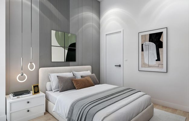 Bedroom, Interior, Pendant Lights, Wood Texture Flooring
