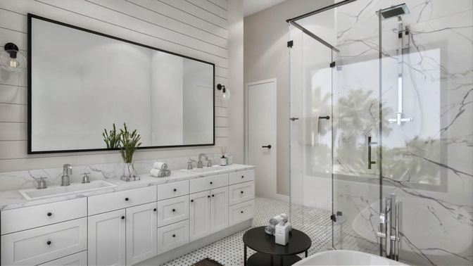 Bathroom, Dual Sink Vanities, Glass Shower, Interior, Marble Walls