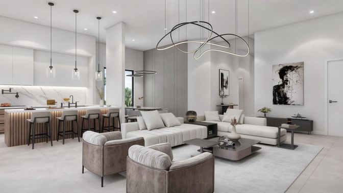 Interior, Kitchen, Living room, Marble Walls, Pendant Lights, Recessed Lighting