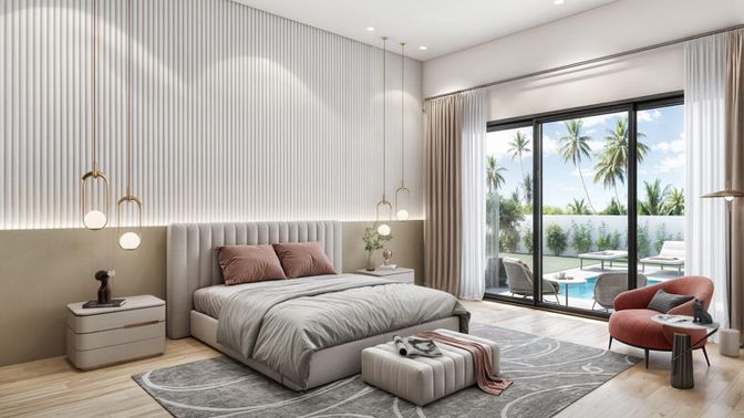 Bedroom, Interior, Pendant Lights, Recessed Lighting, Wood Texture Flooring