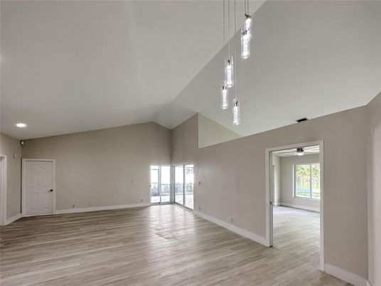 Empty room, Interior, Pendant Lights, Recessed Lighting, Wood Texture Flooring