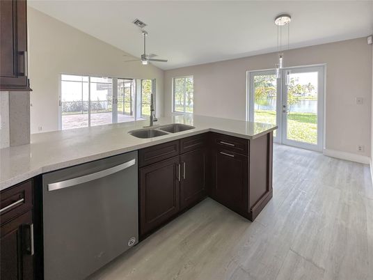 Interior, Kitchen, Pendant Lights, Wood Texture Flooring