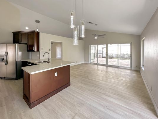 Interior, Kitchen, Pendant Lights, Recessed Lighting, Wood Texture Flooring
