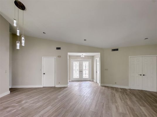 Empty room, Interior, Pendant Lights, Recessed Lighting, Wood Texture Flooring