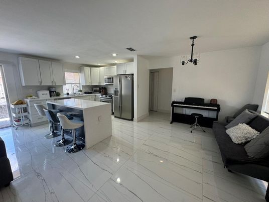 Interior, Kitchen, Marble, Pendant Lights, Recessed Lighting, Stainless Steel Appliances