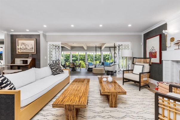 Dining room, Fireplace, Interior, Living room, Recessed Lighting, Wood Texture Flooring