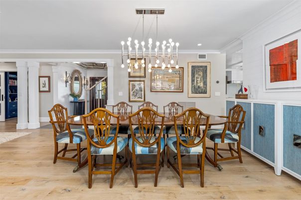 Dining room, Interior, Pendant Lights, Recessed Lighting, Wood Texture Flooring