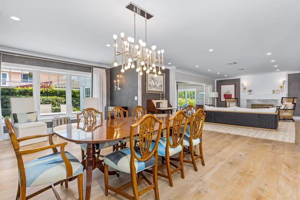 Dining room, Fireplace, Interior, Living room, Pendant Lights, Recessed Lighting, Wood Texture Flooring
