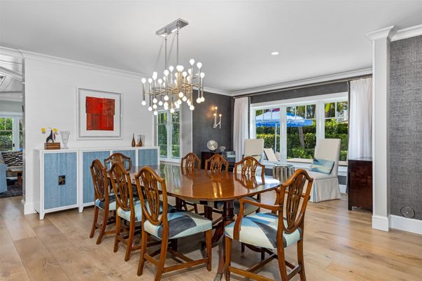 Dining room, Interior, Pendant Lights, Recessed Lighting, Wood Texture Flooring